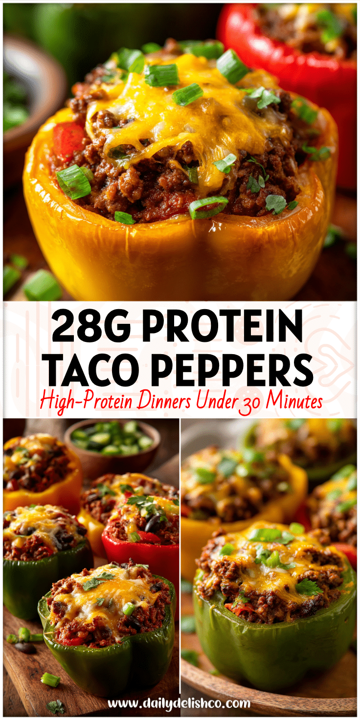 Close-up of Taco Stuffed Bell Peppers filled with ground beef, cheese, and veggies for a low carb stuffed peppers recipe.